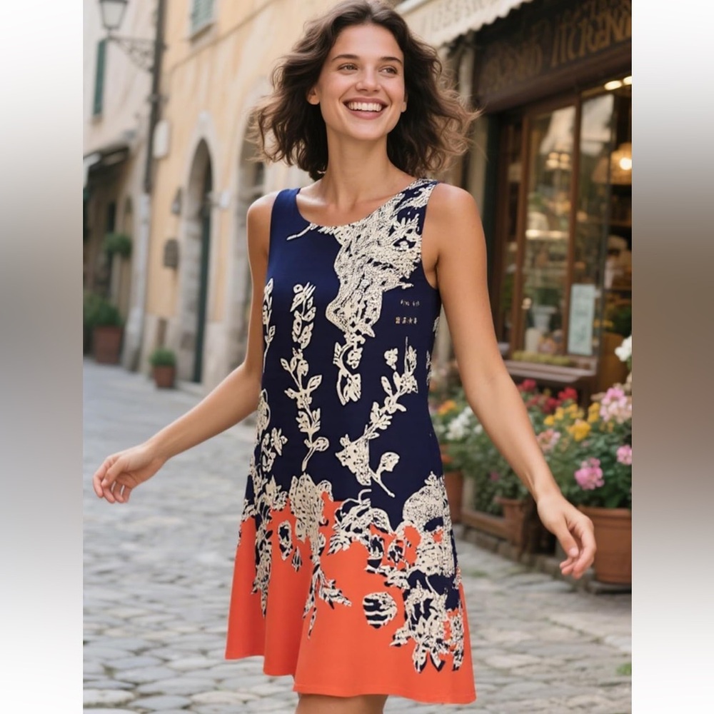 Navy and Orange Floral Dress - XXL - Picture 3 of 5